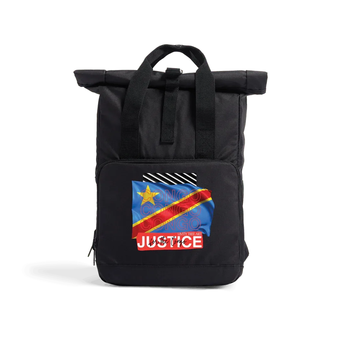 Justice For Congo Recycled Twin handle Roll-Top Backpack - Livity Tree Art
