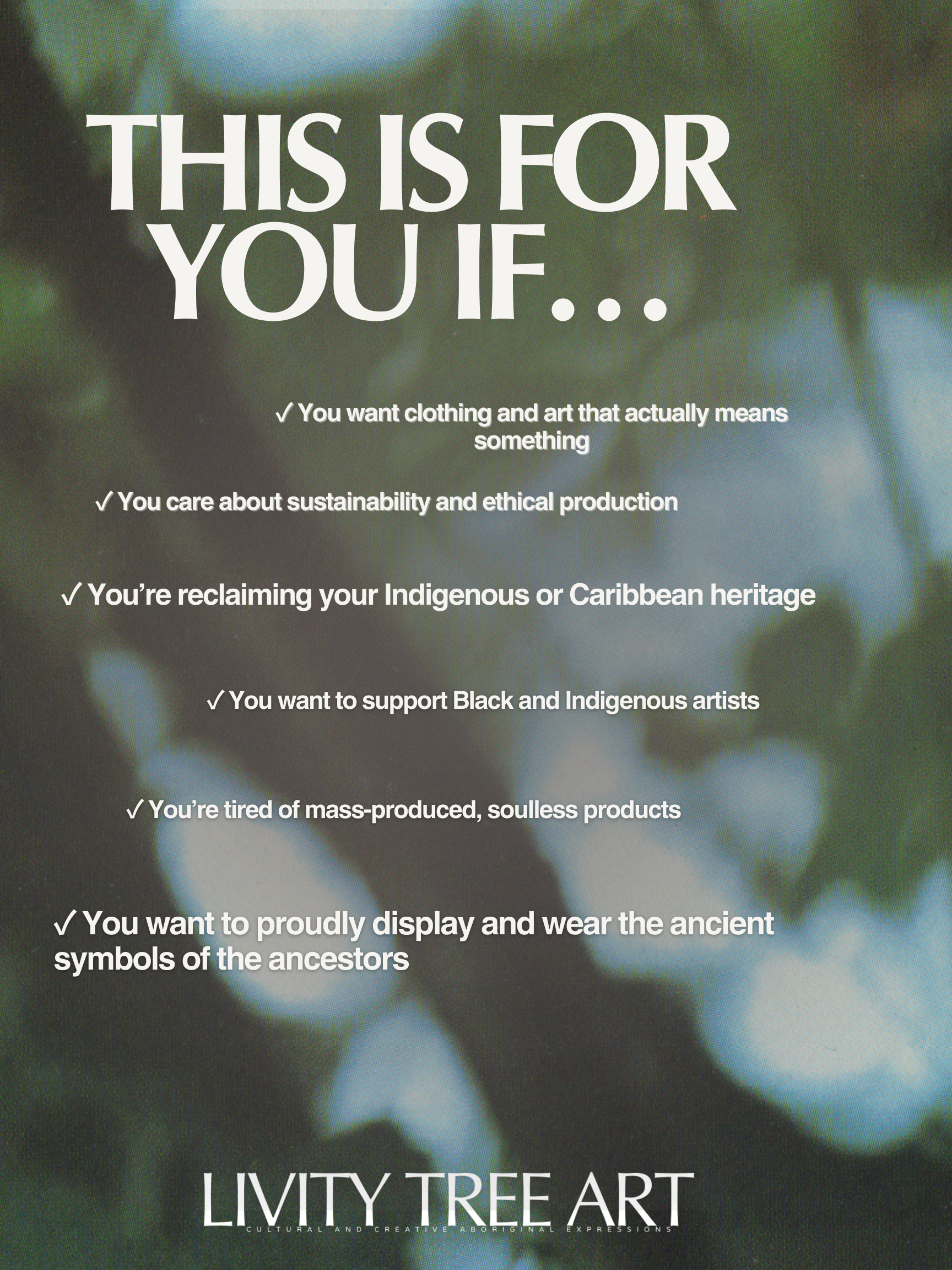 Promotional text for Livity Tree Art with sustainability and ethical production values.