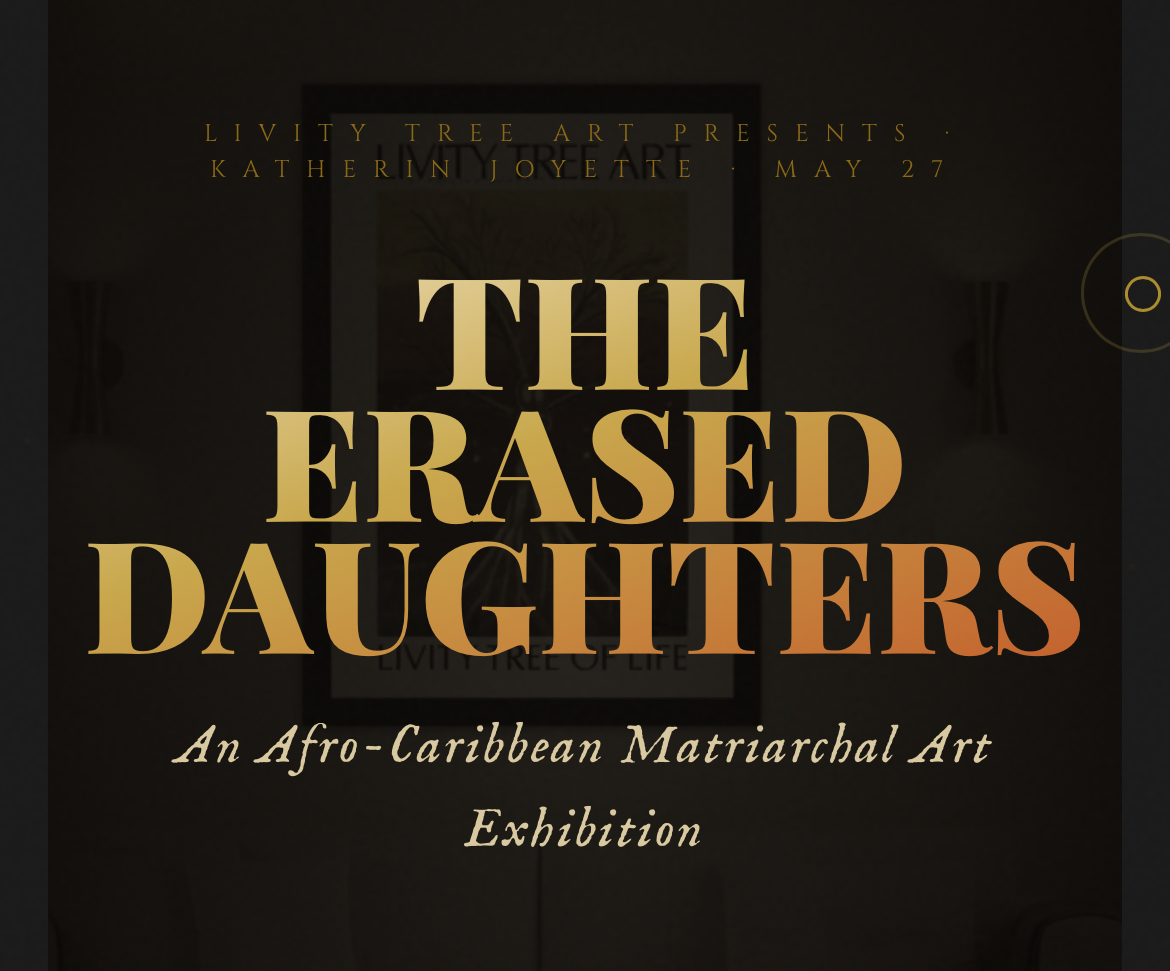 Promotional graphic for 'The Erased Daughters' art exhibition with text and a dark background.