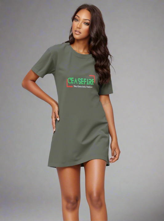 Ceasefire Palestine Premium Comfy T-shirt Dress - 100% Organic Cotton | Tree of Life Art - Tree of Life Art
