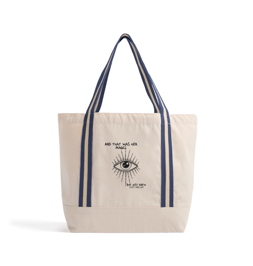 Natural/French Navy Heat Transfer Bag Front