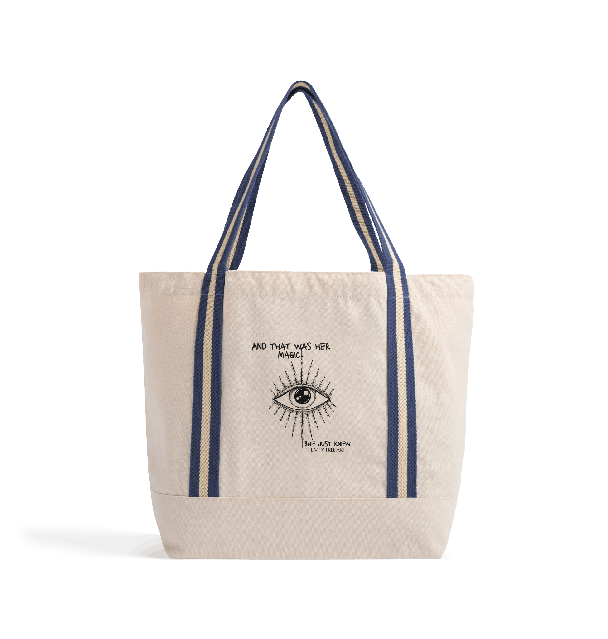 Natural/French Navy Heat Transfer Bag Front