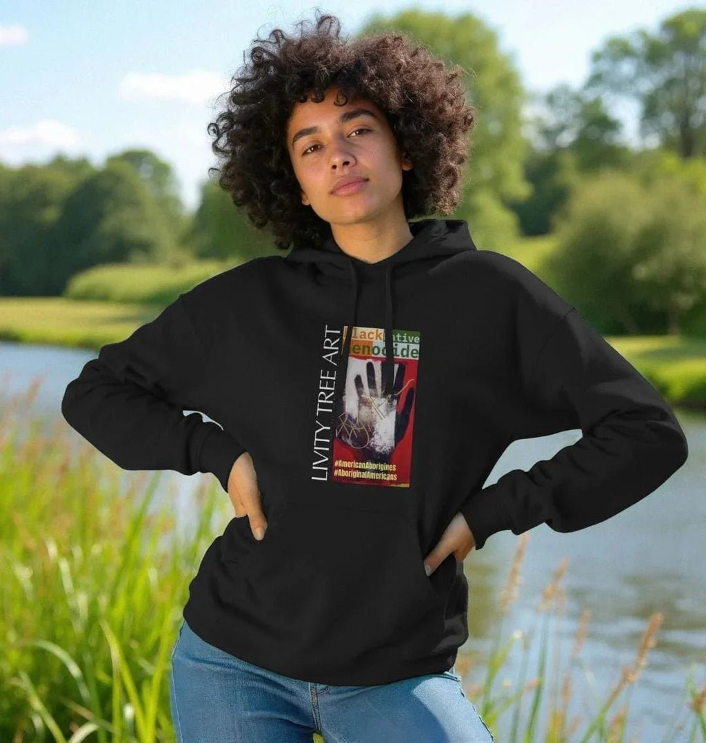 Black Native Genocide Unisex Kangaroo Pocket Hoody - Livity Tree Art