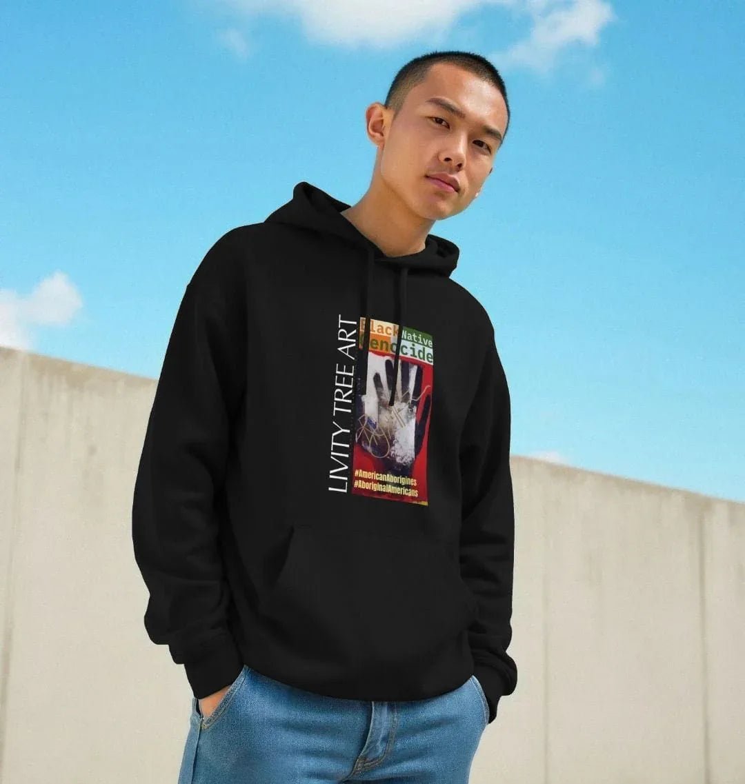 Black Native Genocide Unisex Kangaroo Pocket Hoody - Livity Tree Art