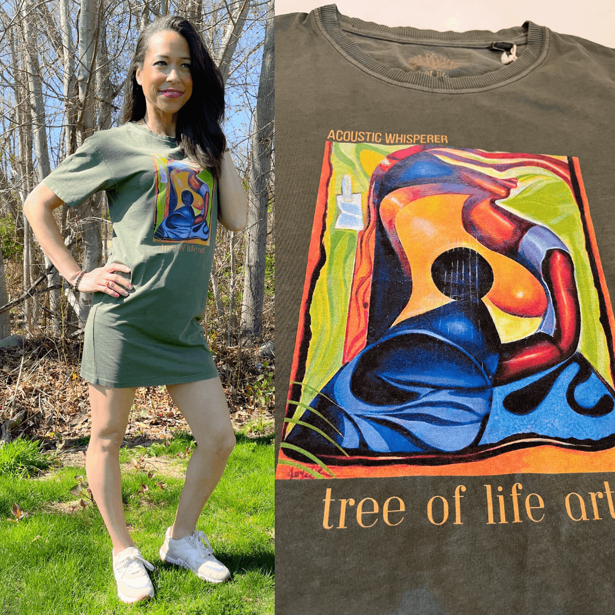 Acoustic Whisperer Premium Plus Woman's T-Shirt Dress - 100% Organic Cotton | Tree of Life Art - Tree of Life Art
