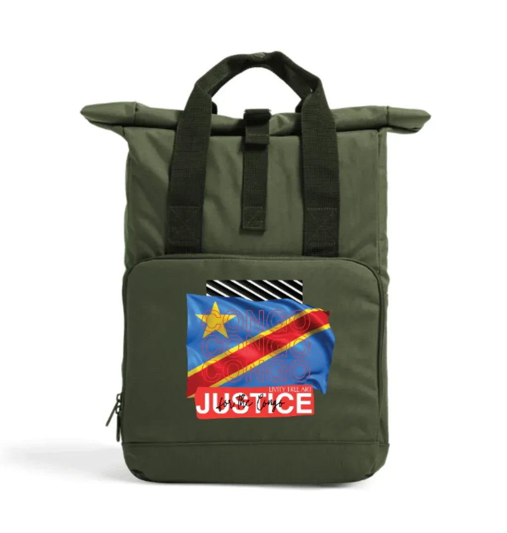 Justice For Congo Recycled Twin handle Roll-Top Backpack - Livity Tree Art