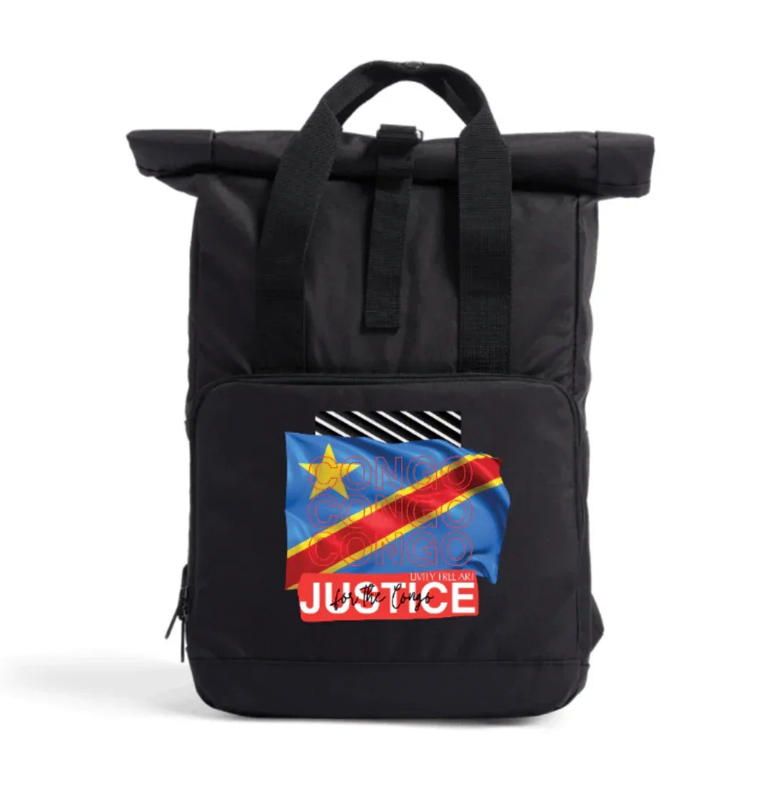 Justice For Congo Recycled Twin handle Roll-Top Backpack - Livity Tree Art