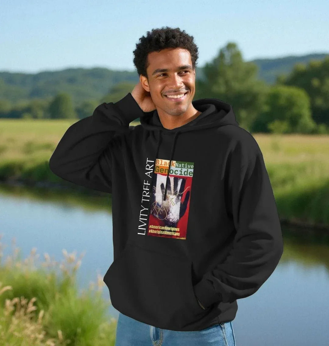 Black Native Genocide Unisex Kangaroo Pocket Hoody - Livity Tree Art