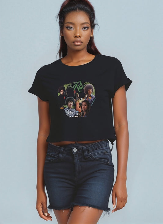 Organic cotton women's crop top with MAAT-inspired art and message