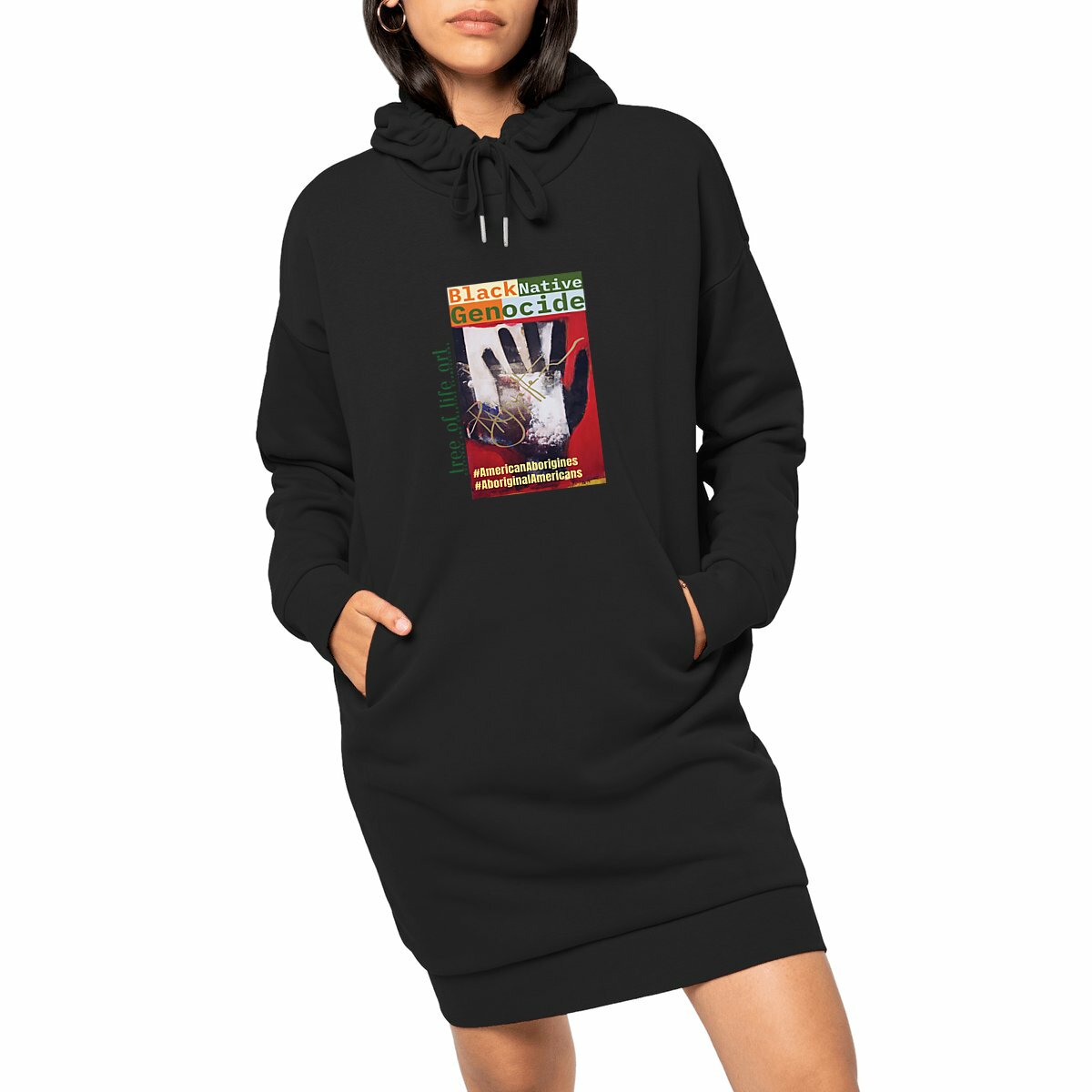 Native Black Genocide Women's Comfy Fit Hoodie Dress - Premium Plus | Tree of Life Art - Tree of Life Art