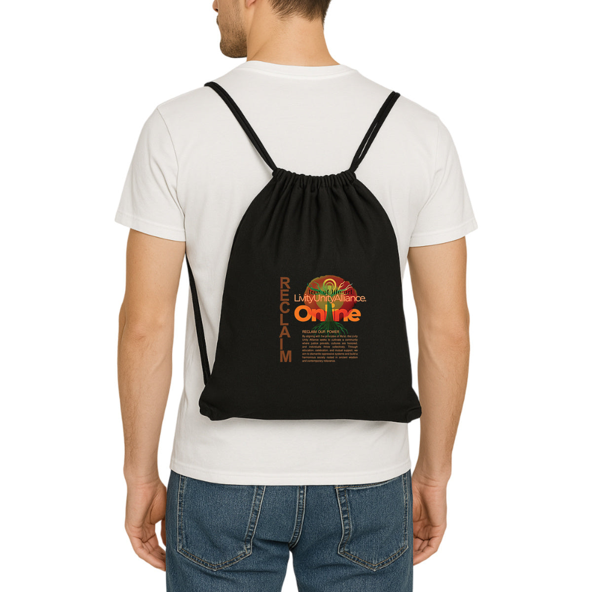 Reclaim Our Power Recycled Cotton Drawstring Backpack | Tree of Life Art - Tree of Life Art