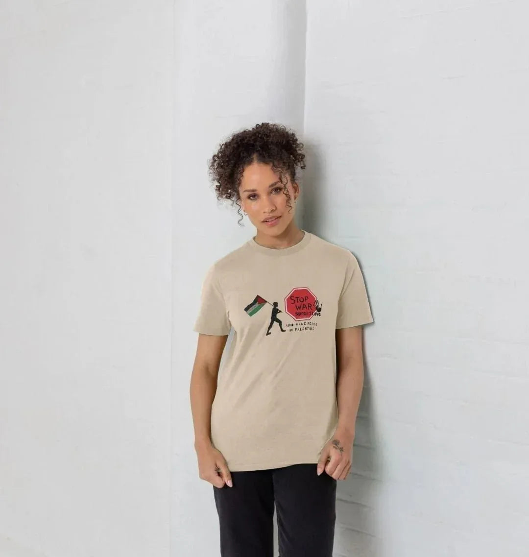 Stop War, Spread Love Palestine Unisex Plain T-shirt - Livity Tree Art